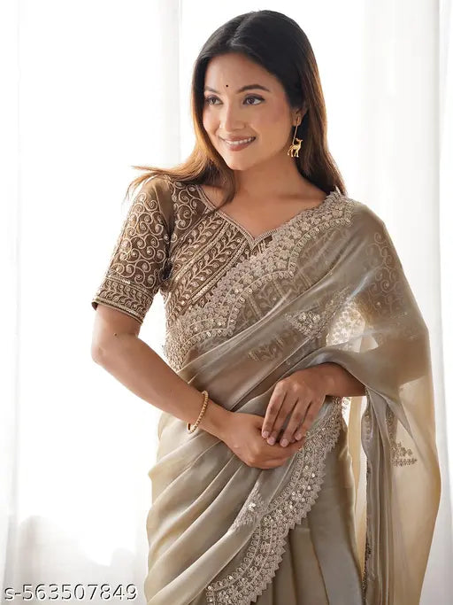 SATRANI Tissue Silk Beige Saree with Silk Blend Blouse