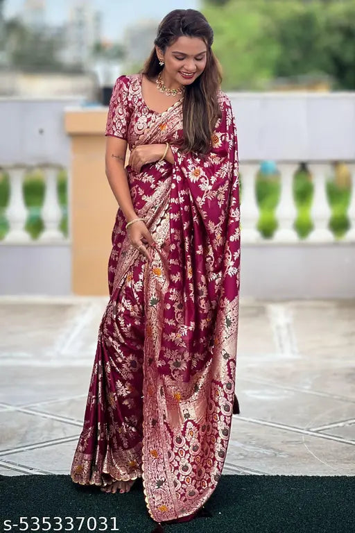 ROOP LAVANYA Wine Kanjeevaram Pure Soft Silk Saree With Unstiched Blouse Piece