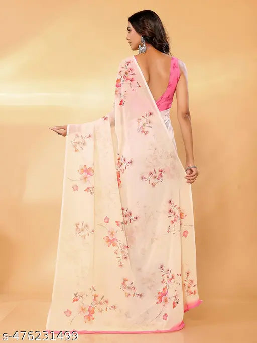 Janasya Women's Peach Georgette Floral Printed Daily Wear Saree with Blouse Piece