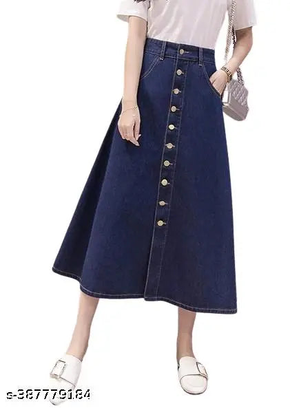 Navy Blue Ten Buttoned A-Line Maxi Denim Woman SkirtNavy Blue 10-Button A-Line Maxi Denim Skirt for Women | High-Waist, Trendy & Comfortable | Casual & Office Wear 6800