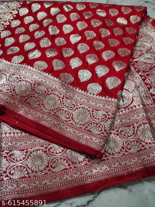 Luxury Banarasi Silk Patola Bridal Saree in Red with Heavy Stone Work and Zari Border