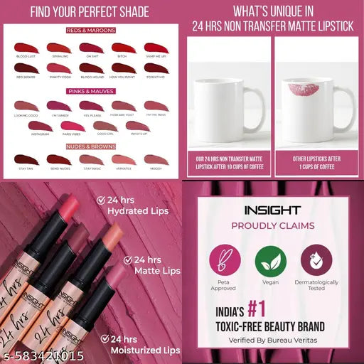 Insight Make-Up Essentials  24 Hrs Non Transfer Matte Lipstick 3g (17- I'M Tamed)