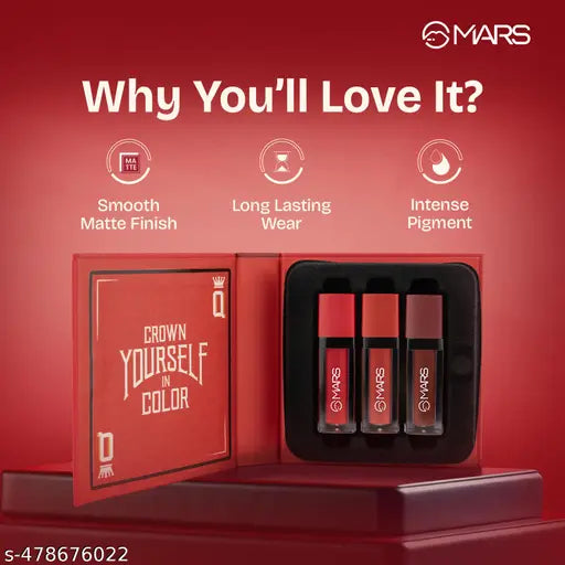 MARS Queen of Mattes Liquid Lipsticks Box Set of 3 (13.5 ml) (BLUSHED NUDES) | Smudgeproof & Transferproof | Intense Pigmentation Long-Lasting Wear | Customizable Colors | Matte Finish