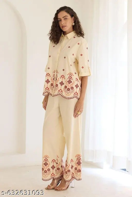 Elegant Cream Co-Ord Set for Women | Designer Rayon Shirt & Pant Set | Stylish Printed Ethnic Casual Wear Outfit