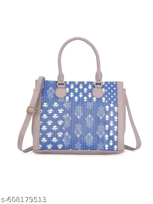 Globus Women Blue Vegan Leather Azrak Floral Print Double Handle Handheld Bag