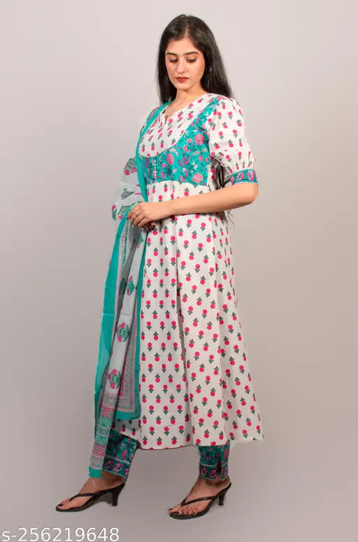 Indian Ethnic white blue Kurta Using  jacket Pattern design with Pant & Dupatta,  Readymade Casual Wear & Party Wear Kurta pant with Dupatta Stitched For Womens in cotton