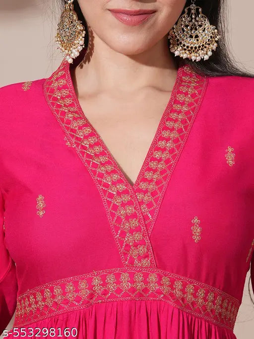 Globus Women Pink Embroidered V-Neck Puff Sleeves Gathered & Tiered A-Line Midi Festive Dress