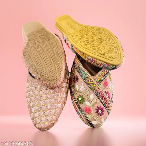 Trendy Embroidered Ethnic Jutti & Mojari Set for Women – Stylish Handmade Punjabi Footwear for Wedding, Festive & Party Wear | Comfortable Traditional Flat Slip-On Shoes | Designer Multicolor Embroidery Casual Jutti | Premium Quality Soft Sole Ethnic Moja