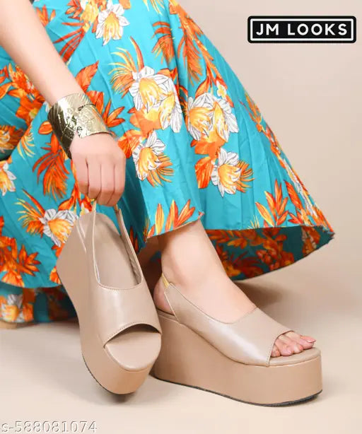 JM LOOKS Women’s Platform Wedge Sandals Open Round Toe Slip-On Slingback Heels for Casual, Party & Daily Office - Beige