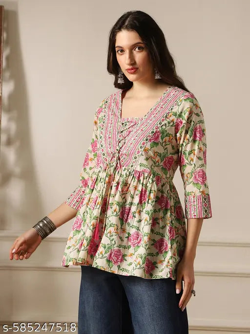 Globus Women Pink V-Neck Floral Print Tie-Up Tassel Detail Gathered Tunic