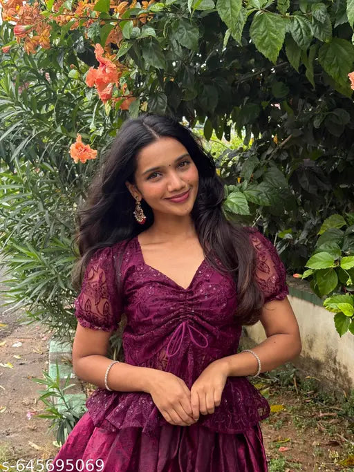 THE KAVYAHI FASHION Women's Wine Color Embroidered Peplum Top & Flared Skirt Set | Partywear Crop Top & Maxi Skirt