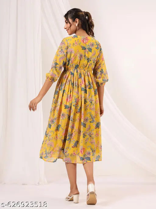 Janasya Women's Yellow Georgette Floral Printed A-line Dress