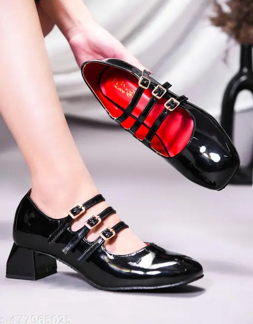 JM Looks Women's Stylish Black Block Heel Shoes with Mule & Buckle Straps