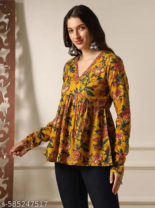 Globus Women Mustard Embroidered & Mirror Work Detail V-Neck Long Sleeves Floral Print A-Line Aliya Cut Tunic