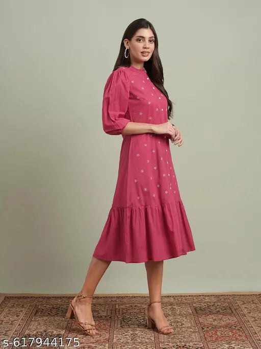 Globus Women Pink Round Neck Puff Sleeves Floral Embroidered Tiered Flared Hem Midi A-Line Dress