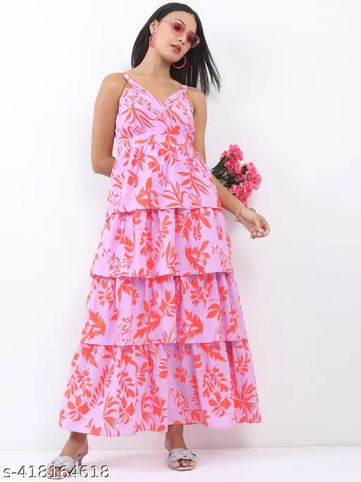 Ketch Women's Floral Fit and Flare Round Neck Pink Dresses