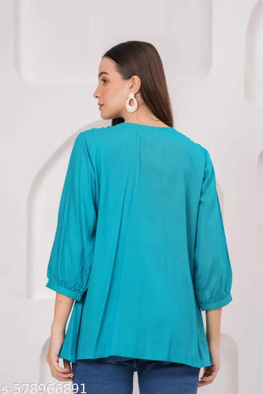 Women Tealblue Rayon Solid Embroidery Top
