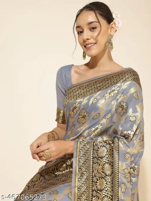 Janasya Women's Grey Chanderi Silk Floral Saree with Unstitched Blouse Piece