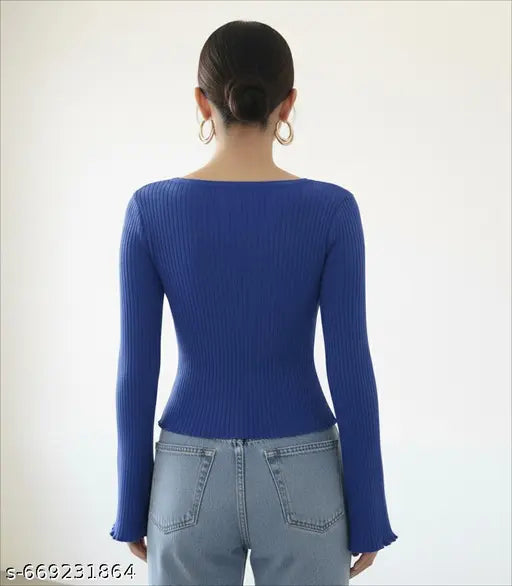 Quintessentials Blue Ribbed Long Sleeve Top with Bow Detail