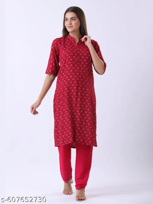 Women's Red Printed Kurta Set with Dupatta | Cotton Blend Straight Kurta & Pants for Daily Wear, Office & Festive