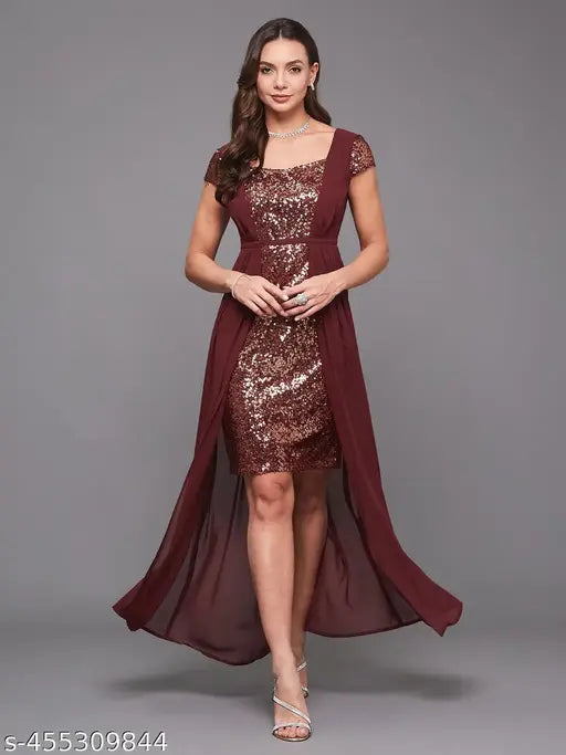 Miss Chase Women's Wine Embellished Fit & Flare Maxi Dress