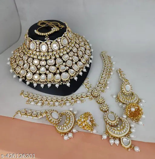 PingBling White Meenakari Kundan Bridal Choker Dazzling Necklace Earring Maangtikka Set For Women.