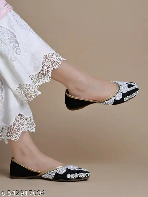 JM Looks Women's Ethnic Embllished Zardosi Beads Work Bellies Slip-On Shoes Jutti Flat Shoes Punjabi Jutti Mojari for Wedding Party Occasion - Black