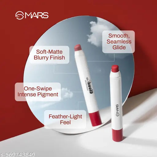 MARS Cloud Kiss Soft-Matte Lip Crayon (1.8gm) (12-CRIMSON MIST) | Infused with Corn & Rice Starch | 8+ Hr Long-Lasting | Feather-Light Texture | One-Stroke Smooth Glide | Full Coverage | Non Drying