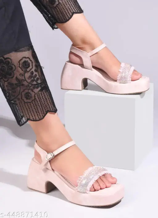JM LOOKS Textured Block Heels with Rhinestone Strap