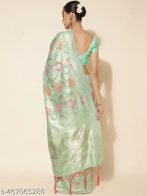 Janasya Women's Sea Green Chanderi Silk Ethnic Motifs Saree with Unstitched Blouse Piece