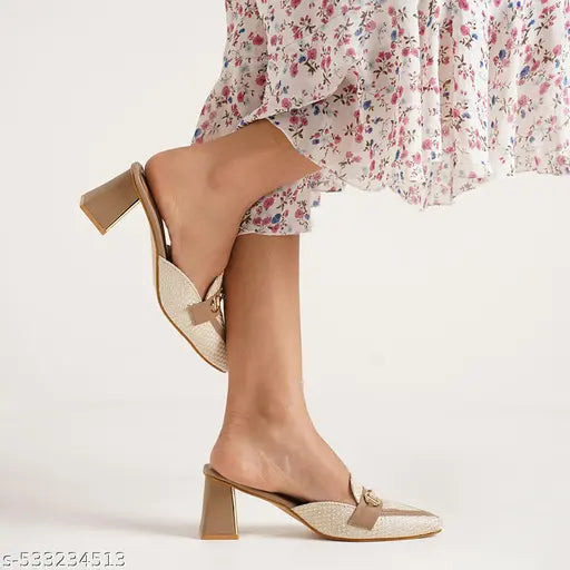 JM Looks Women’s Designer Pointed-Toe Mules with Metal Detail – Slip-On Block Heel Sandals for Office & Casual Use.