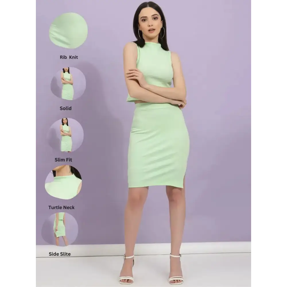 Women Light Green Self Textured Sleeveless Rib Top and Skirt Co-ord Set