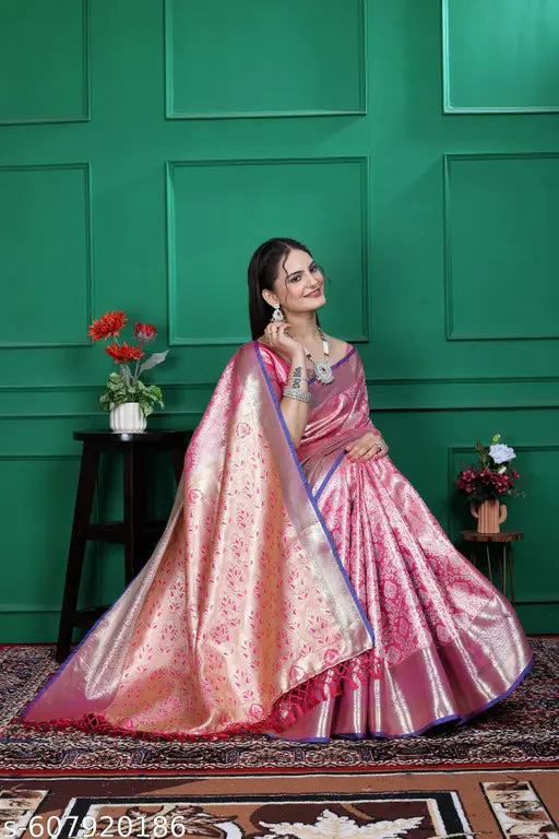 Pink Banarasi Silk Saree with Rich Zari Weaving & Elegant Blouse Piece