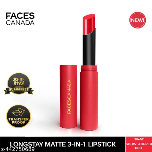 FACES CANADA Long Stay 3-in-1 Matte Lipstick - Showstopper Red 09, 2g | 8HR Longstay | Transfer Proof | Moisturizing | Chamomile & Shea Butter | Primer-Infused | Lightweight | Intense Color Payoff