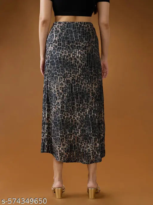 Globus Women Black Lurex Pleated Leopard Print Shimmer Detailing Mid-Rise A-Line Midi Skirt
