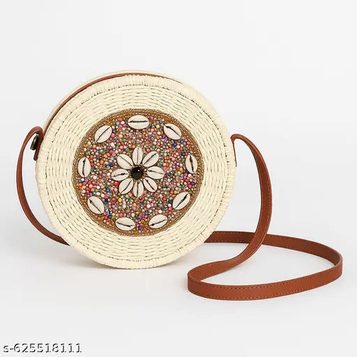 Handcrafted Round Straw Purse with Bohemian Beaded and Shell Design, Stylish Woven Crossbody Bag for Women, Perfect Summer Beach Handbag with Leather Strap, Unique Handmade Fashion Accessory for Travel(White)