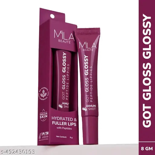 Mila Beaute Peptide infused Gloss I With HyaluronicAcid & Vitamin E I Hydrating I Plump & Fuller Lips I Non Sticky I Highly Pigmented|8 gm|Jamun Shot