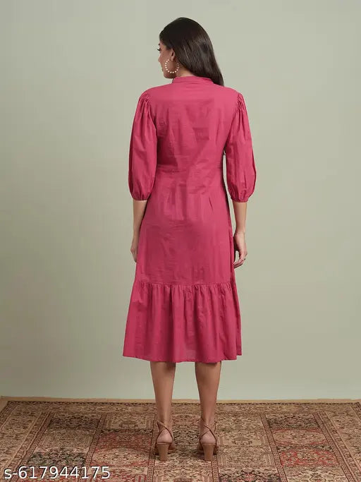 Globus Women Pink Round Neck Puff Sleeves Floral Embroidered Tiered Flared Hem Midi A-Line Dress