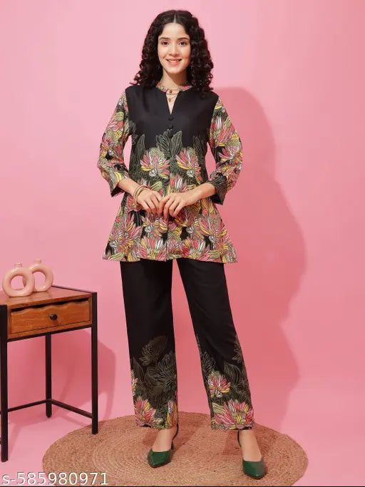 Honky Tonky Black Multicolor Floral Printed Long Top & Straight Pant Co-ord Set