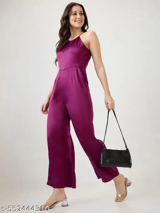 Globus Women Burgundy Satin Halter Neck Wide Leg Party Jumpsuit