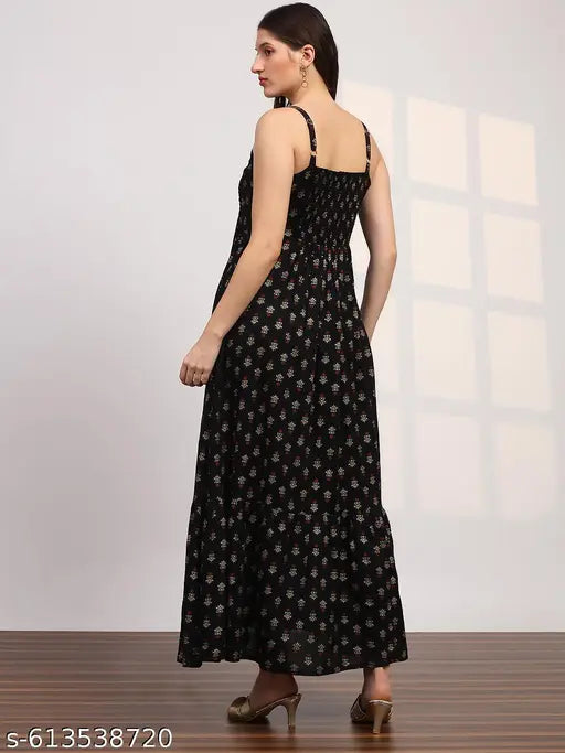 Globus Women Black Ethnic Print Embroidered Detail Square Neck Shoulder Strap Fit and Flare Maxi Dress