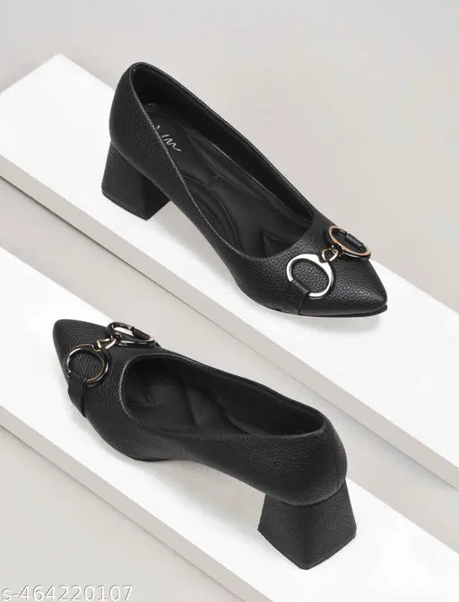 JM LOOKS Women's Pointed Toe Block Heel Pumps with Double Ring Chain Detail – Stylish Textured Formal Sandal for Women