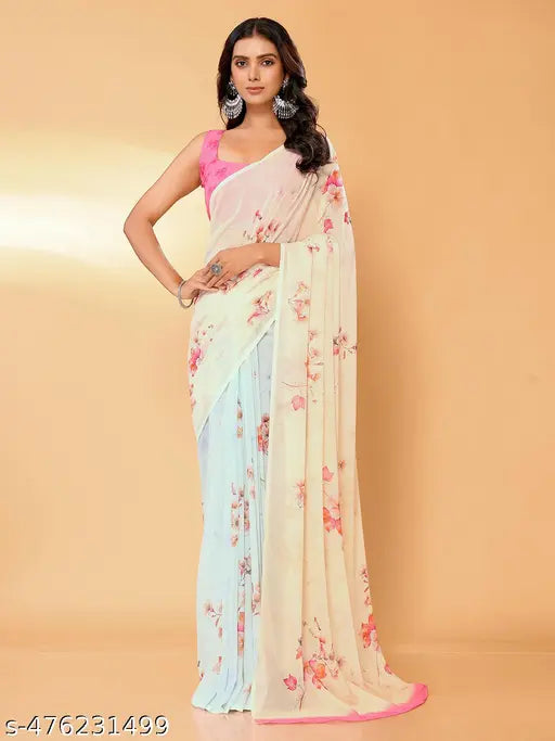 Janasya Women's Peach Georgette Floral Printed Daily Wear Saree with Blouse Piece