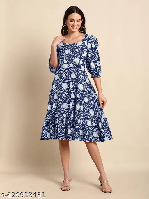 Janasya Women's Indigo Pure Cotton Floral Printed A-line Dress