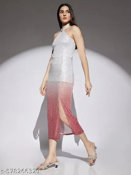 Globus Women Pink & Silver Ombre Pattern  Sequin Detail Side Slit Pencil Midi Party Skirt