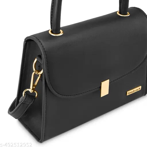 Fastrack Black Solid PU Structured Handheld Bag For Women with Detachable Sling Strap with Button closure