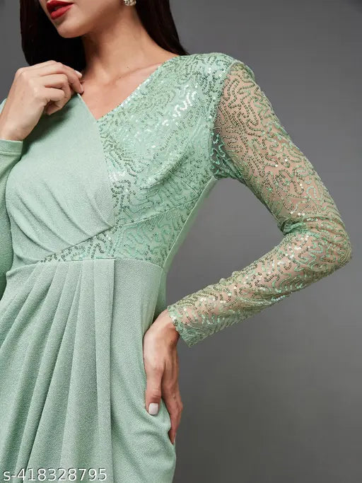 Miss Chase Women's Mint Embellished V-Neck Full Sleeve Polyester Pleated Slim Fit Longline Dress