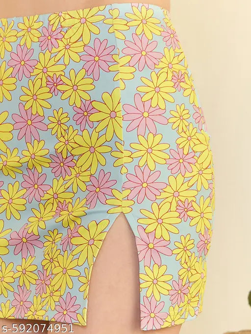 Berrylush Women Blue, Yellow, & Pink Floral Printed High-Rise Waist Side-Slit Straight Hem Knitted Mini Skirt