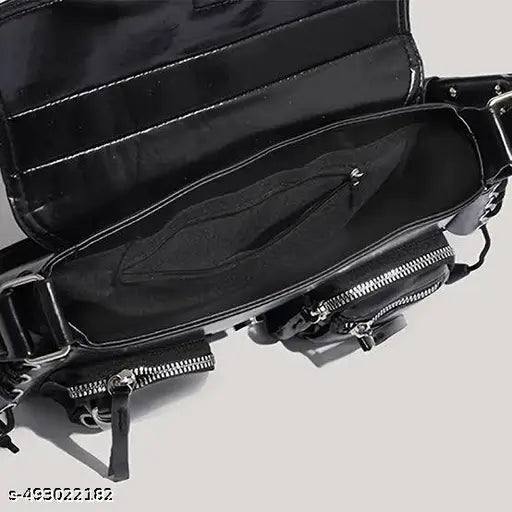 Black Front Double Pocket Decor Crossbody Or Shoulder Bag For Women