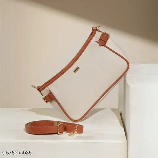 Berrylush Women Solid Beige & Brown Fabric Push-Lock Detachable Strap Embellished Regular Sling Bag